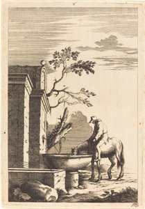 Horse and Rider at a Fountain by Bernhard Zaech after Jonas Umbach