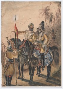 Two mounted officers and a dismounted sowar, 4th Bengal Irregular Cavalry, c.1850
