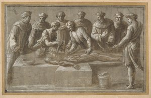 Six professors of anatomy, dissecting a flayed male corpse by Biagio Pupini
