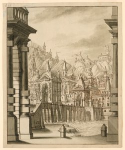 Stage Design, Town on Hill with Turreted Buildings