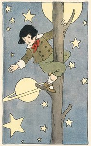 Boy Climbing a Tree Among the Stars and Planets by Blanche Fisher Wright