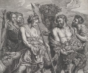 Diana Returning from the Chase, accompanied by dogs and her nymphs at left, two satyrs, ca. 1640-59