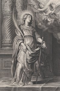 Saint Catherine Holding Palm Leaves and a Sword, Two Putti Overhead Holding a Laurel