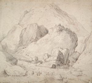 Mountainous Landscape with Figure on Horseback in Foreground by Bonaventura Peeters