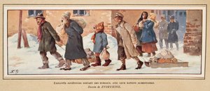 Soviet Workers leaving the office with their food rations, from Histoire des Soviets, pub. 1922 by Boris Vasilievich Zvorykin