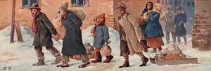 Soviet workers leaving their offices with their food rations by Boris Vasilievich Zvorykin