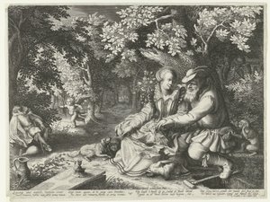 Death and Cupid Shooting Arrows at Each Other and Old Man Courting Young Woman by Boëtius Adamsz. Bolswert