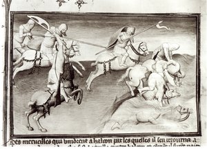 The Mongol leader, Hulagu, khan of the Ilkhanate chases his cousin, Berke, khan of the Kipchak or Golden Horde in 1262, forcing him into a river, from Livre des Merveilles du Monde by Boucicaut Master