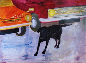 Dog at the Used Car Lot, Rex with Red Car by Brenda Brin Booker
