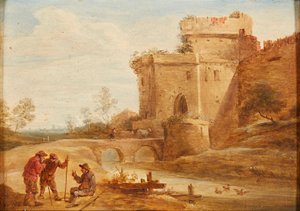 A Classical Landscape with Figures and Animals on a Path by British School