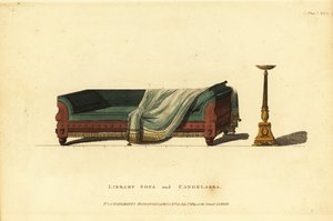 Library sofa in carved mahogany with green Morocco leather