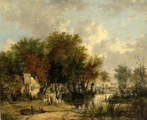 River Scene, Boy Driving Sheep
