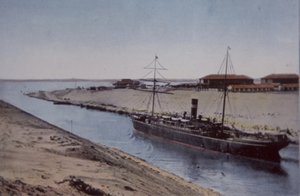 Ship passing through Suez Canal, late 19th century