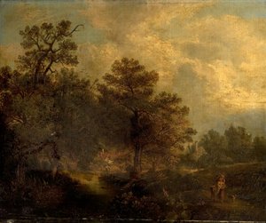 Woodland Scene with Stream and Cottages