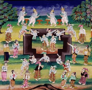 Merit Making Scene, Page from a Manuscript by Burmese School