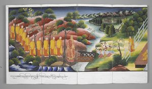 Monks Crossing a River, Scenes from the Life of Buddha by Burmese School