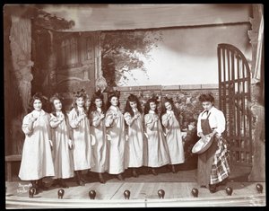 A scene from an amateur production of a play titled Angelina, The Orphaned Heiress presented at Barnard College, New York by Byron Company