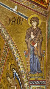 Announciate Virgin, Byzantine mosaic with a golden background in the tympanum of the apse by Byzantine