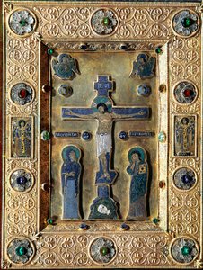 Evangelical of gold and enamel decorated with gold leaves repels with filigree crucifix representing the Virgin and Saint John by Byzantine