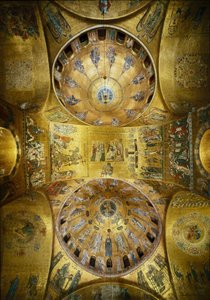 Byzantine architecture: view of the domes with mosaics on a golden background illustrating the Pentecost (1250-1300) and the Ascension (early 13th century). Basilica San Marco, Venice by Byzantine