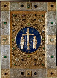 Byzantine art: cover of an evangelical decorated with gold leaves repels with filigree crucifix representing the Virgin and Saint John. 13th century. Venice tesoro de San Marco (treasor of Saint Mark) by Byzantine