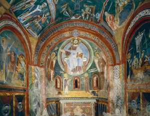 Chapel of Saint Eldrad and Saint Nicholas with Romanesque frescoes in Byzantine style, Late 11th century, Novalesa Abbey, Piedmont, Italy