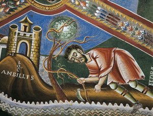 Eldrad tilling soil at Ambilly, Provence (detail), Stories of life of Saint Eldrad, Romanesque frescoes, Chapel of Saint Eldrad and Saint Nicholas, Novalesa Abbey, Piedmont, Italy (late 11th century) by Byzantine