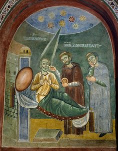 Saint Eldrad dying receiving the Eucharist (detail), Stories of Saint Eldrad, Romanesque fresco, Chapel of Saint Eldrad and Saint Nicholas, Novalesa Abbey, Piedmont, Italy (late 11th century) by Byzantine