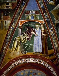 St Nicola, stories of life of St Eldrad and St Nicholas, St Eldrado turned towards St James of Compostela: receiving a monastic habit from Abbot of Novalesa (detail) by Byzantine