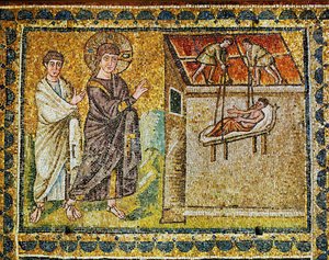 The Paralytic Lowered from the Roof, Jesus and an Apostle