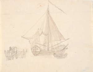 A Ship with Sails and a Pennant and a Dinghy. To the Left Two Horse-Drawn Carriages by C.A. Lorentzen