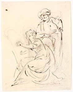 Lady playing the harp. Behind her a man in a turban