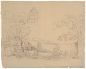 Landscape with farm by a lake. F.o.t.v. a farm