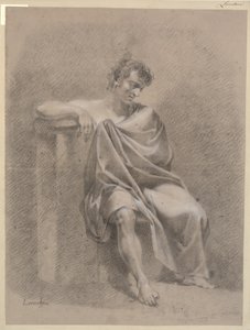 Seated Model in Drapery. Sitting on Low Plinth and Resting Right Arm on High Plinth by C.A. Lorentzen