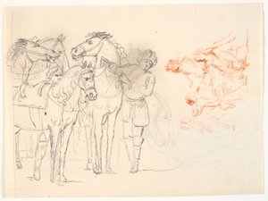 Two sketches. Left: a pencil sketch with horses and two men. Right: a red chalk sketch with a group of figures by C.A. Lorentzen