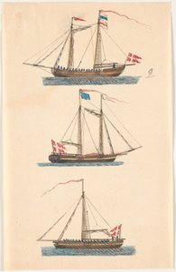 Three Warships with Danish Flags. Rowing by C.A. Lorentzen