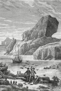 Discovery of Austral France (Kerguelen Islands) by French explorer Yves-Joseph de Kerguelen-Tremarec (1734-1797), February 1772, engraving, Indian Ocean, Territory of French Southern and Antarctic Lands by J.B. and Brown J. Rowbotham