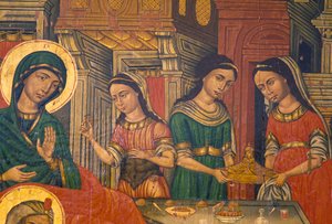 Madonna and women carrying food, Arkadi, Crete, Greece