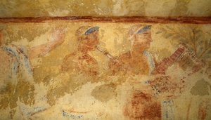 Musicians, fresco, (detail), Tomb of the Blue Demons, Necropolis of Tarquinia, Lazio, Italy. Etruscan civilization, 5th century BC
