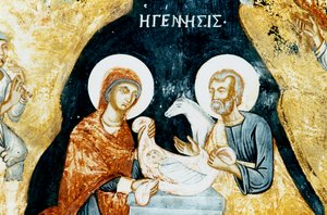 Nativity fresco in Mikro Sotiris monastery, Symi island, Greece by J.B. and Brown J. Rowbotham