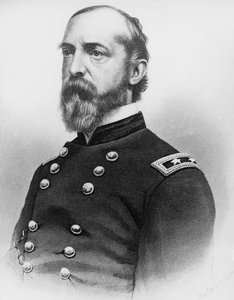 Portrait of George Gordon Meade (1815-1872), United States Army general and civil engineer who played critical role in American Civil War by defeating Confederate Army at Gettysburg, engraving