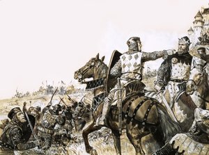 Unidentified battle scene with soldier pointing at King