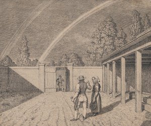 A couple conversing in a stable yard, with a double rainbow overhead, from Linear Perspective, 1841