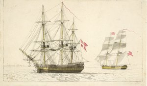 A Danish Frigate at Anchor and an English Brig Under Sail