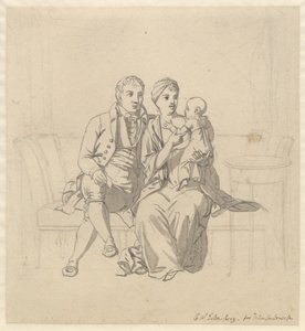 A young couple sitting on a sofa, she with a child in her arms