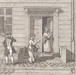 Street Scene, Two Girls, a Gentleman and a Woman Looking at Something by Christoffer Wilhelm Eckersberg
