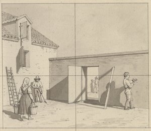 Linear Perspectives, Applied to Painting - Draft for Unused Illustration - Danish Courtyard with Four Farmers and Craftsmen by Christoffer Wilhelm Eckersberg