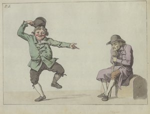 Satirical Sheet; A Man Jumps and Laughs While Pointing at a Seated Old Man by Christoffer Wilhelm Eckersberg