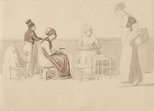 Scene from a Yard or Quay in Paris. Four Sitting, Standing, and Walking Figures.
