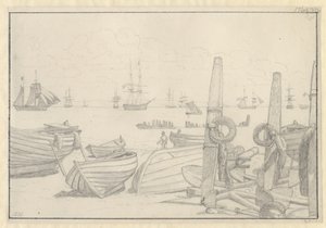 View from the Beach South of Helsingør towards the Guard Ship, the Brig "Falster" by Christoffer Wilhelm Eckersberg